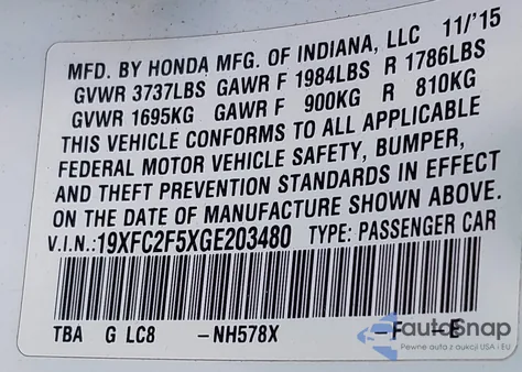 2016 Honda Civic Lx из США, поврежденный, VIN 19XFC2F5XGE203480